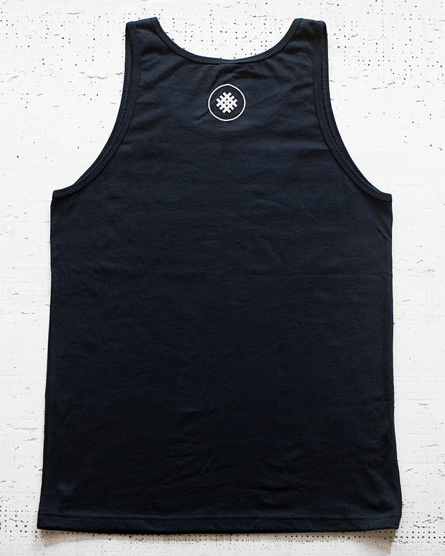 A black sleeveless tank top featuring the All Knowledge Mesh