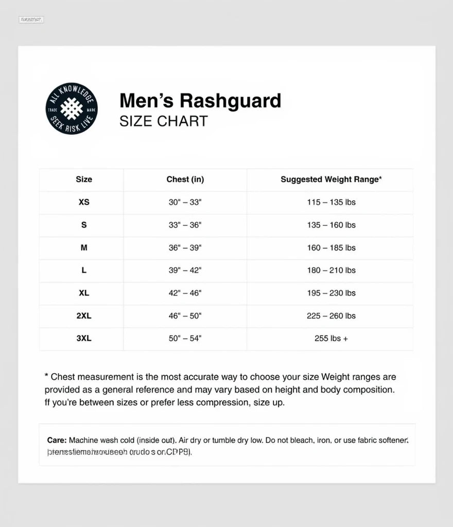 Conquer Yourself Stoic Jiu-Jitsu Rashguard size chart